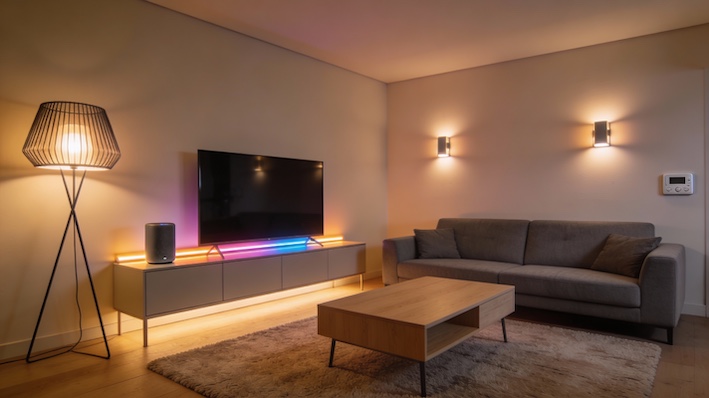 Salon moderne avec éclairage d'ambiance connecté